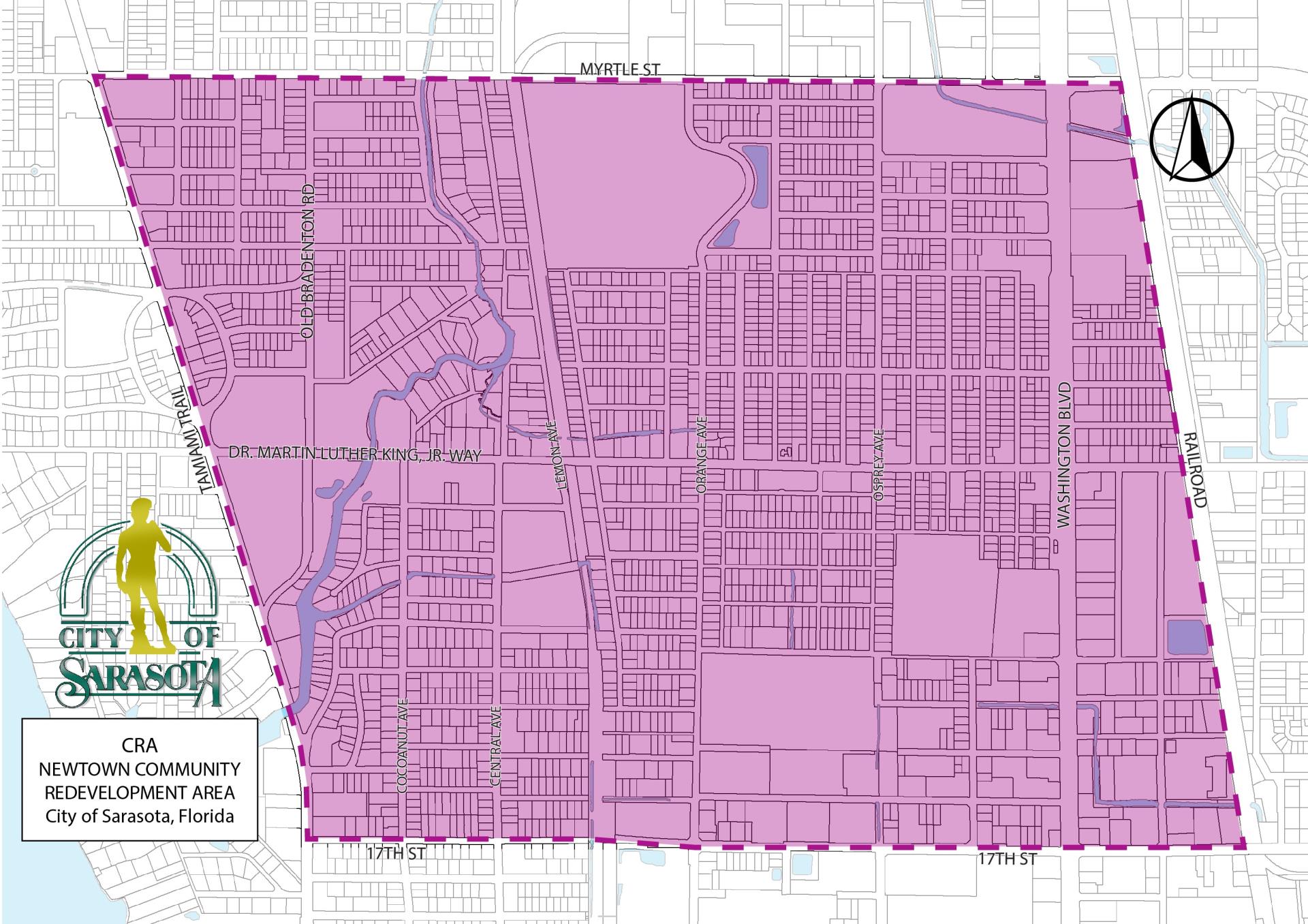 Map Showing the boundaries of the Newtown CRA which are 17th to Myrtle St and Tamiami Trail to Railroad Tracks east of 301