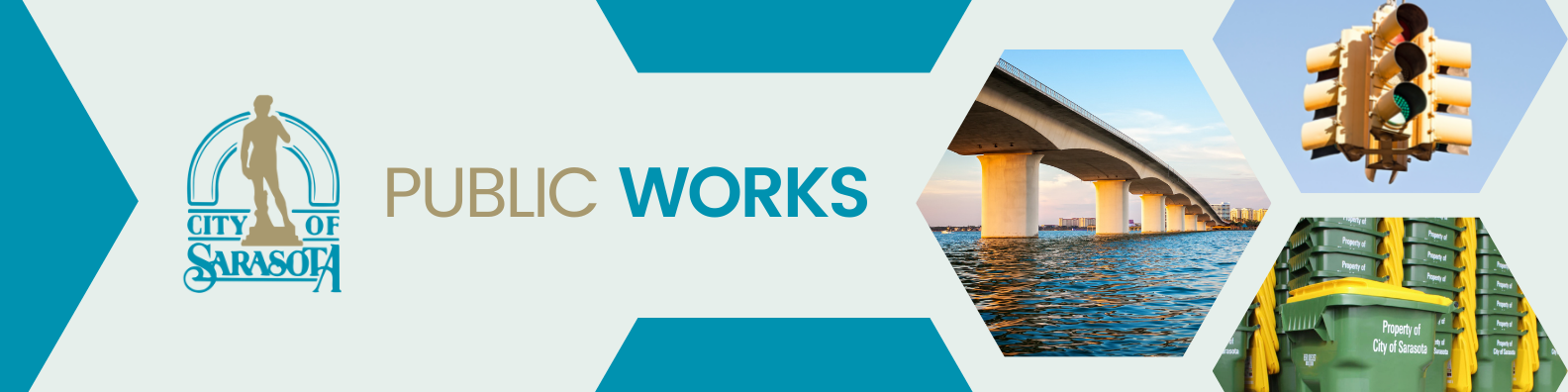 Banner featuring the City of Sarasota logo and the words "Public Works" in gold and blue. Three images are featured showing a traffic light, City trash receptacles, and Ringling bridge.